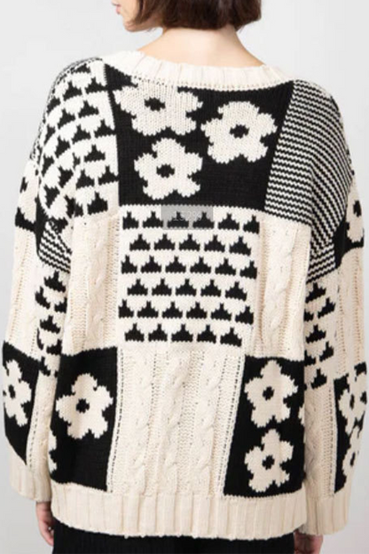 Colorblock Flowers Weave Contrast O Neck Sweaters