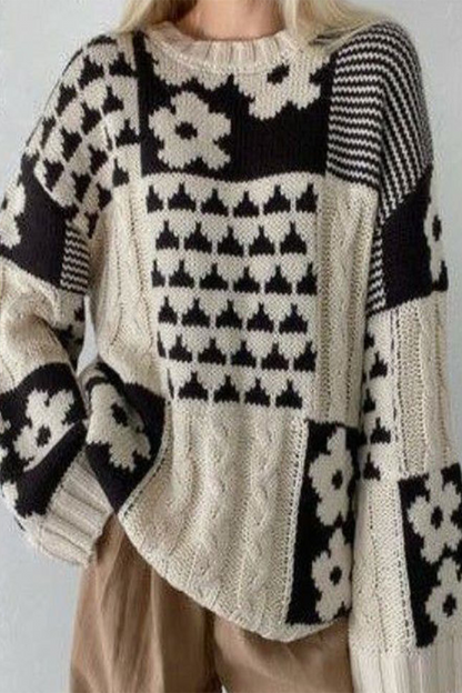 Colorblock Flowers Weave Contrast O Neck Sweaters