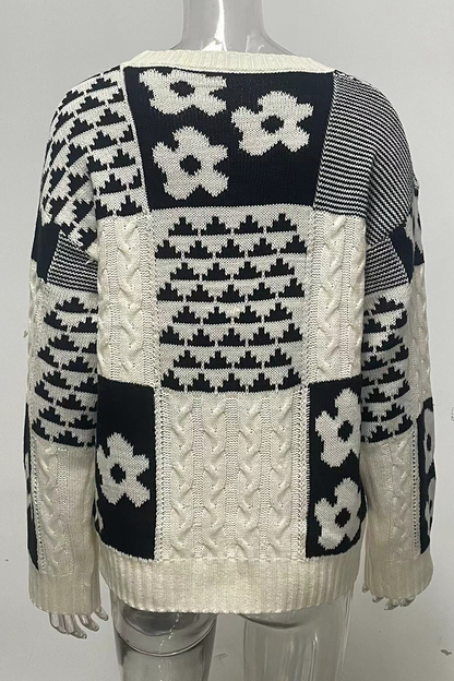 Colorblock Flowers Weave Contrast O Neck Sweaters