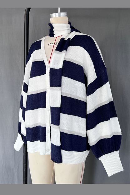 Stripe Buttons Weave Contrast V Neck Cardigans(4 Colors)