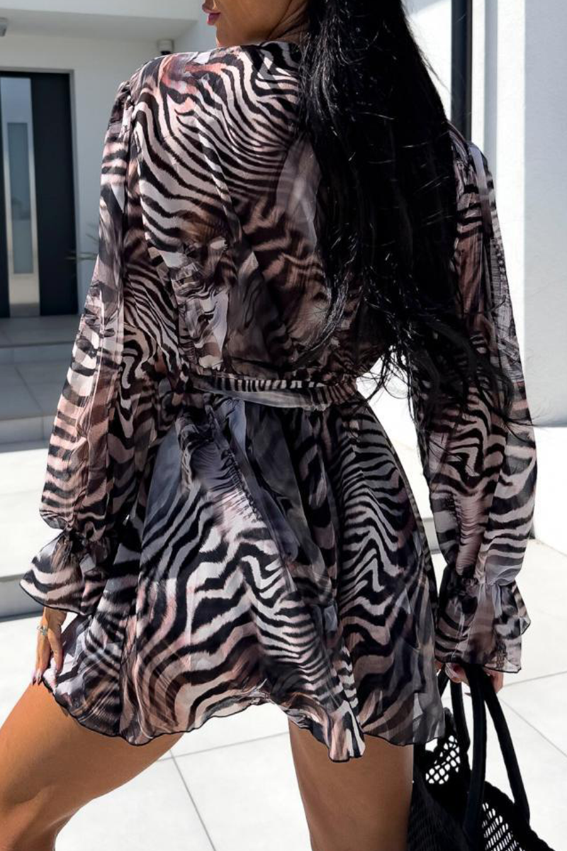 Vacation Zebra Print Flowers Lace Up Contrast V Neck Loose Rompers(3 Colors)