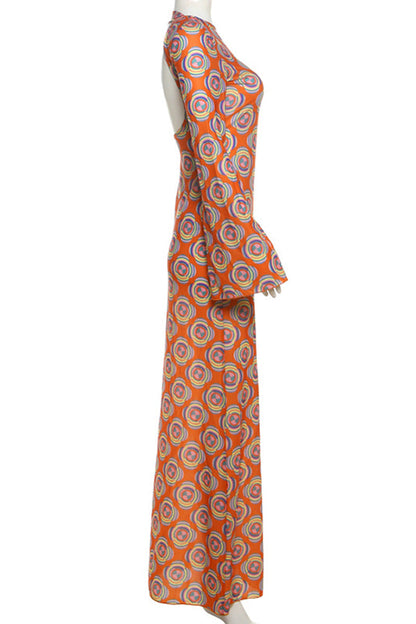 Print Patchwork Backless O Neck Long Dresses