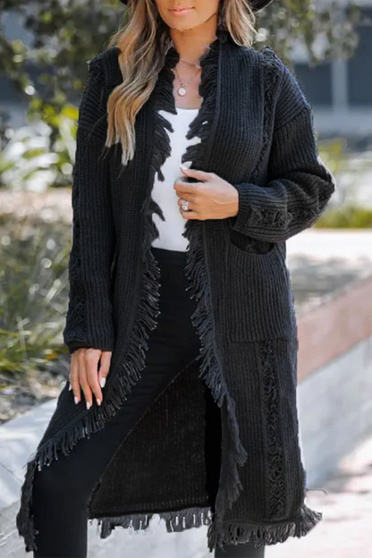 Fringed Trim Weave Cardigan Collar Outerwear(3 Colors)
