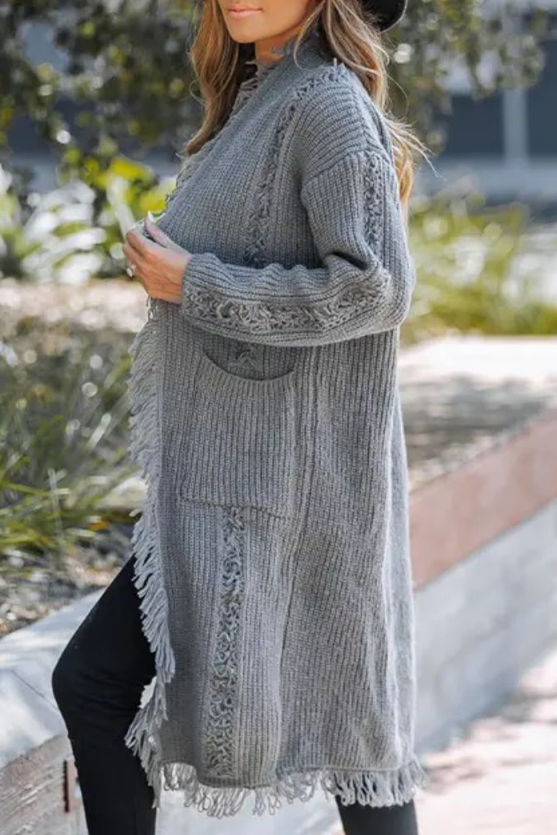 Fringed Trim Weave Cardigan Collar Outerwear(3 Colors)