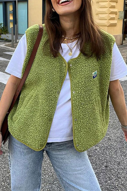 Street Pocket Buttons Fluffy O Neck Waistcoats(3 Colors)