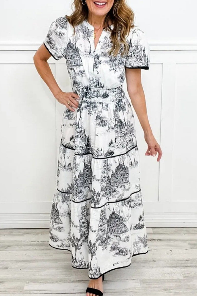 Print Basic V Neck Long Dresses