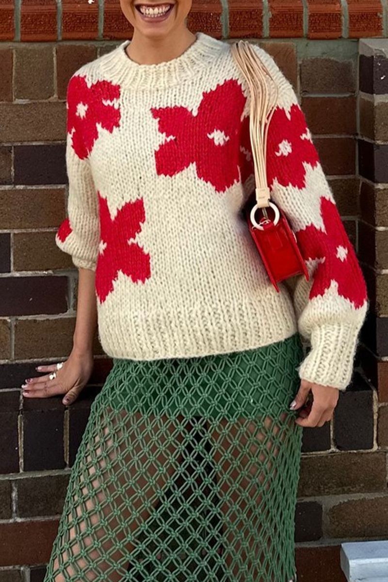 Street Flowers Weave Contrast O Neck Sweaters