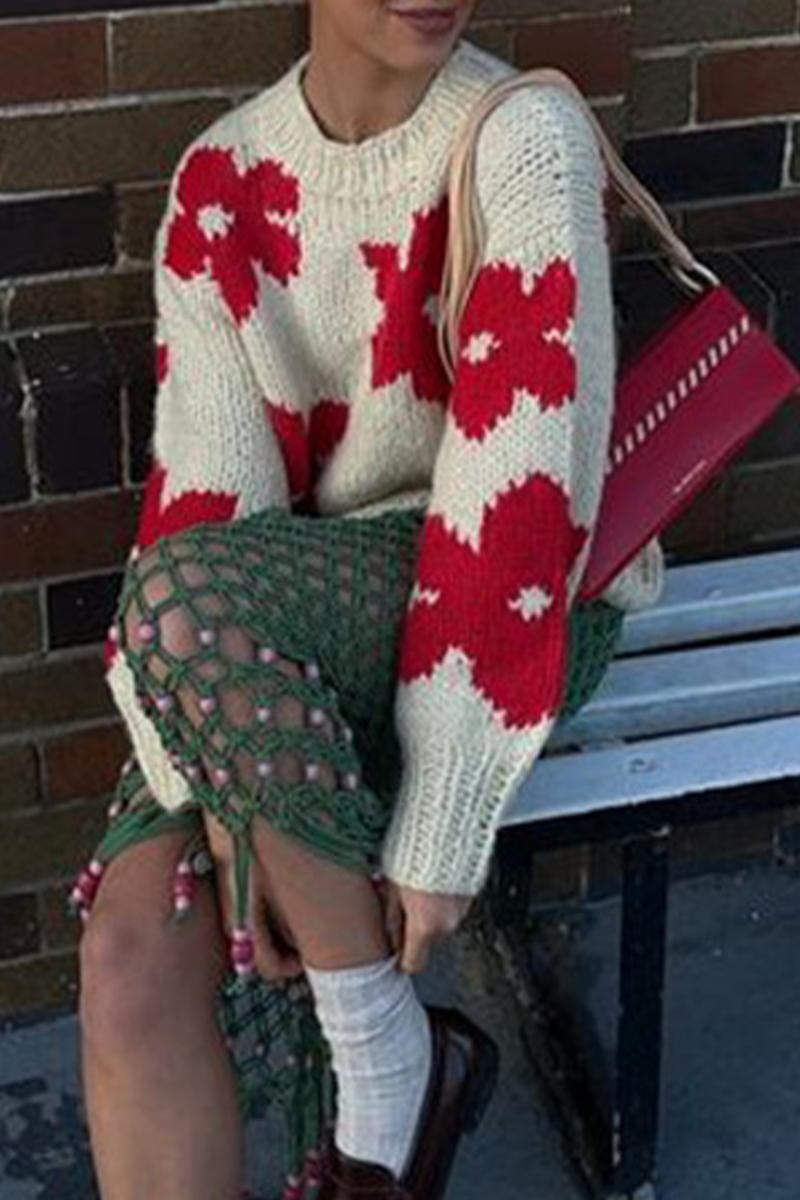 Street Flowers Weave Contrast O Neck Sweaters