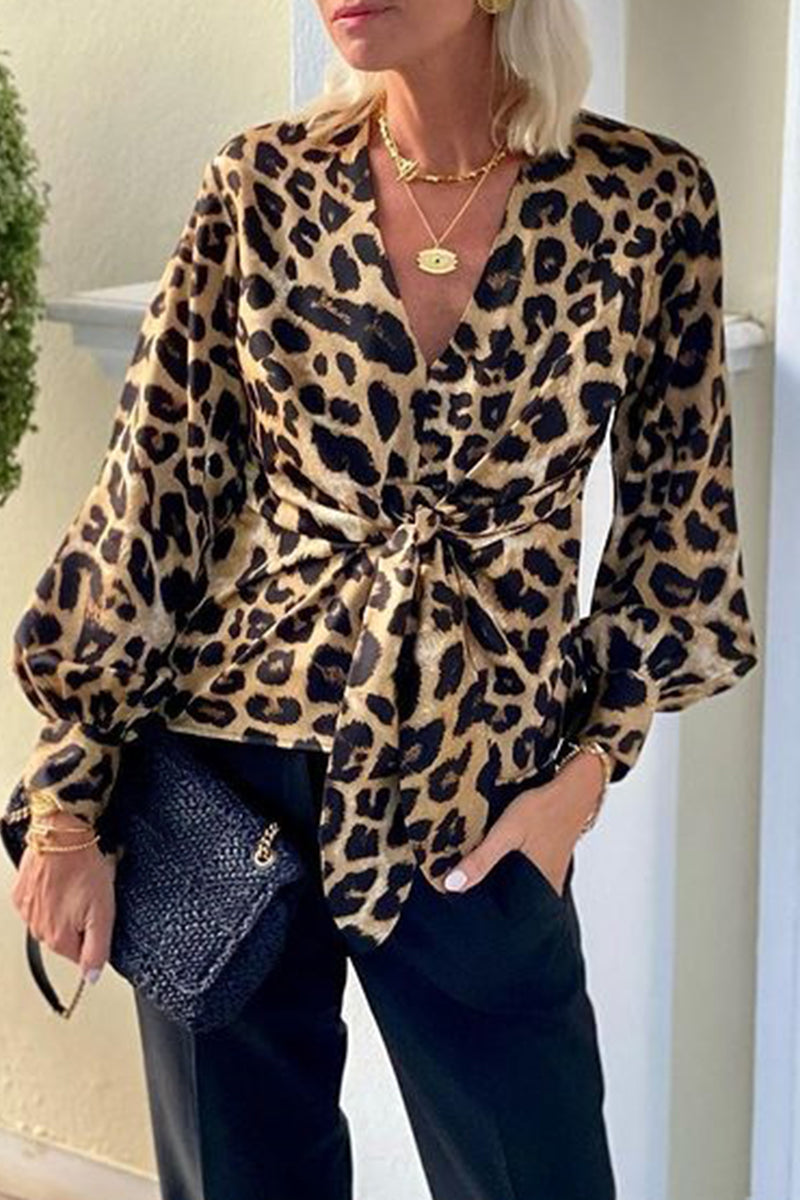 Street Leopard Print Lace Up V Neck Blouses