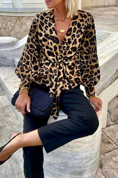 Street Leopard Print Lace Up V Neck Blouses