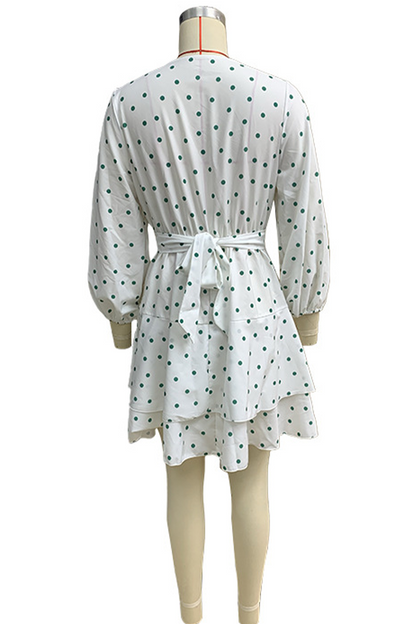 Street Polka Dot Lace Up V Neck Cake Skirt Dresses