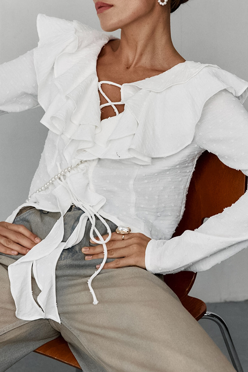 Daily Lace Up Ruffle Fur Ball Lotus Leaf Collar Blouses