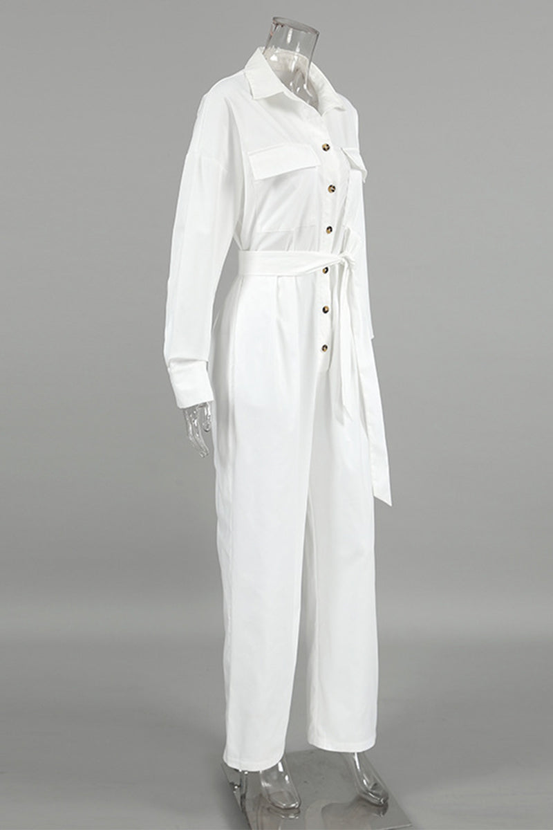 Street Lace Up Buttons Turndown Collar Loose Jumpsuits
