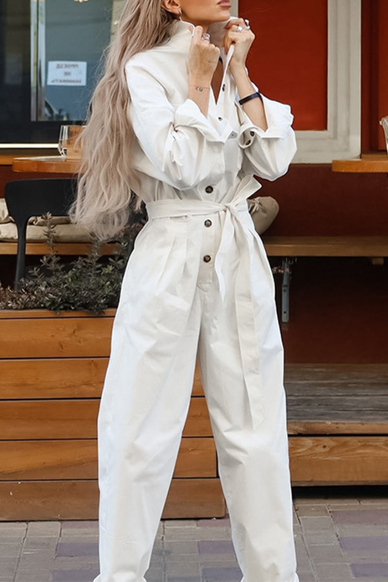 Street Lace Up Buttons Turndown Collar Loose Jumpsuits