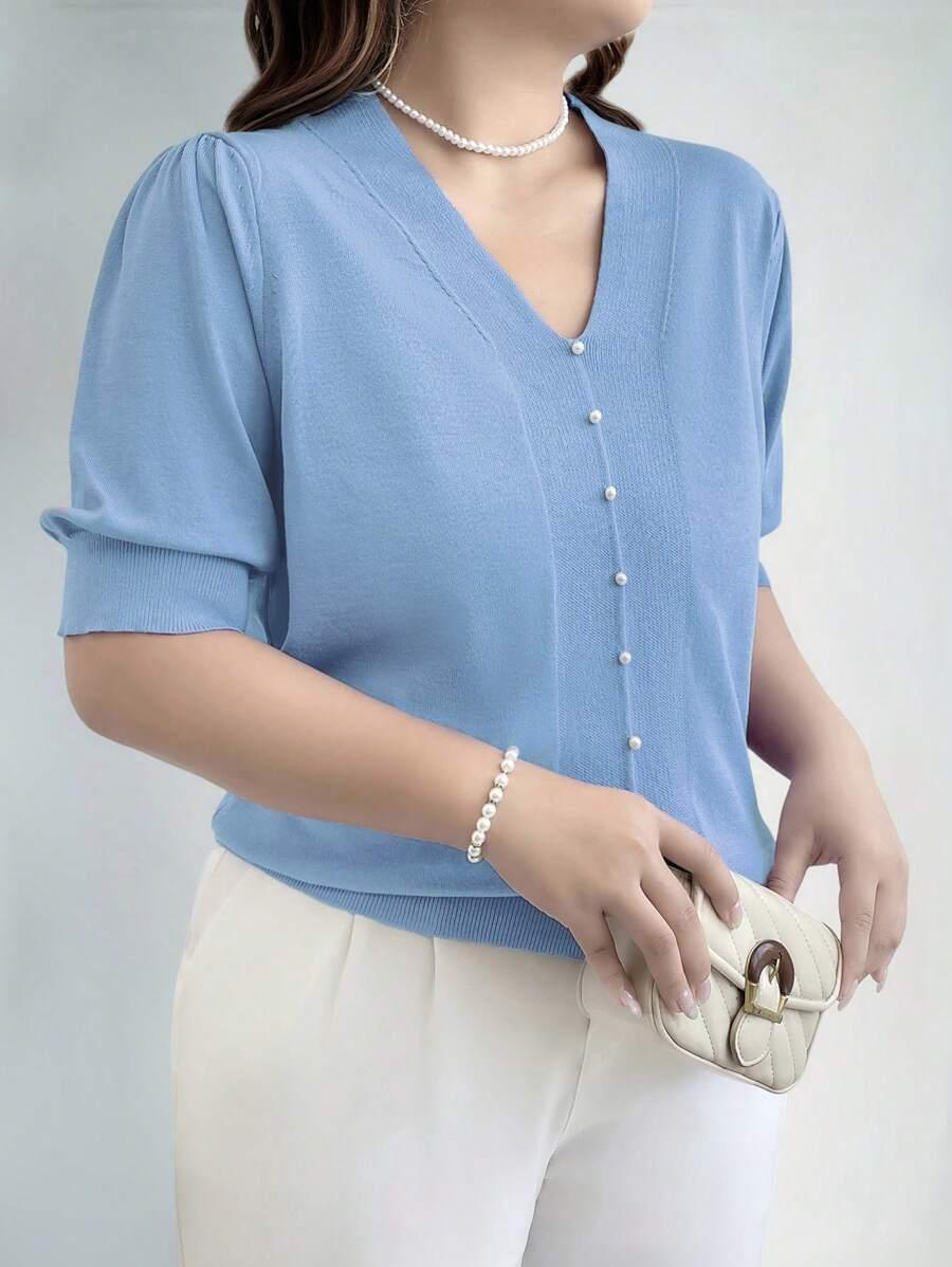 V Neck Puff Sleeve Knit Pullover Sweater