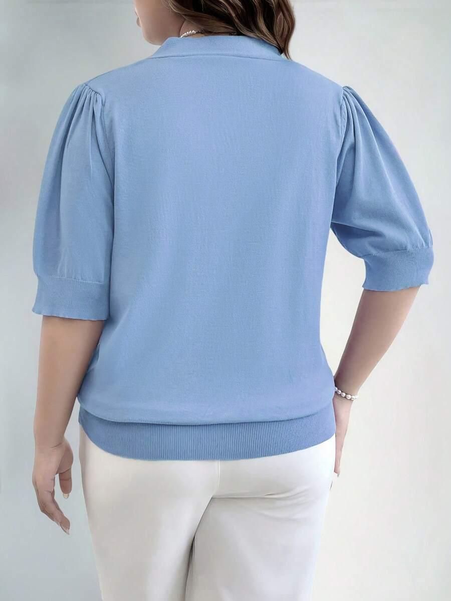 V Neck Puff Sleeve Knit Pullover Sweater