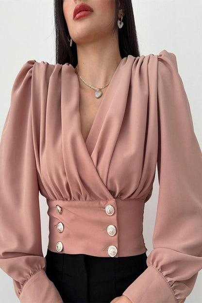 Daily Color Buttons V Neck Blouses(4 Colors)
