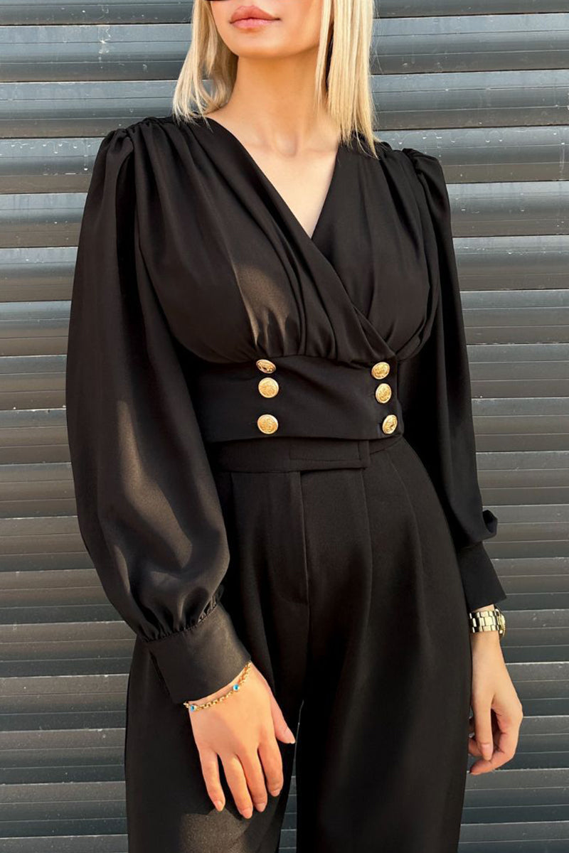 Daily Color Buttons V Neck Blouses(4 Colors)