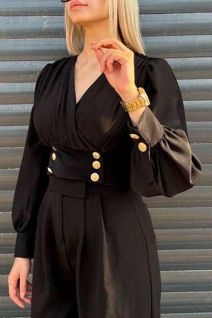Daily Color Buttons V Neck Blouses(4 Colors)