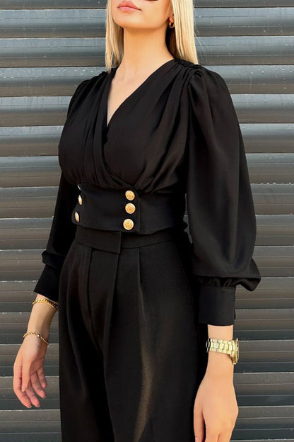Daily Color Buttons V Neck Blouses(4 Colors)