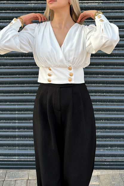 Daily Color Buttons V Neck Blouses(4 Colors)