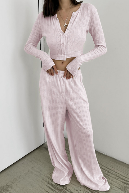 Daily Hollow Out Buttons O Neck Long Sleeve Two Pieces