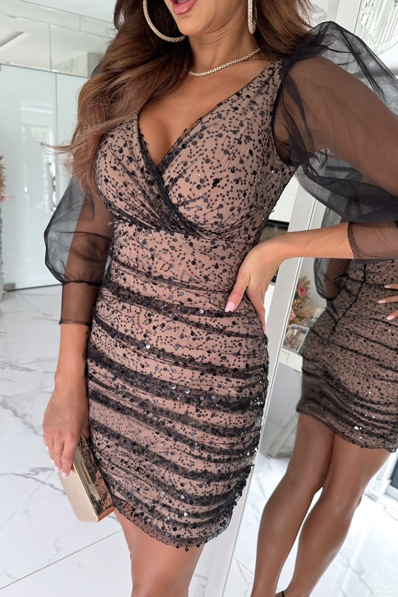 Sequins Sequined Mesh V Neck Wrapped Skirt Dresses