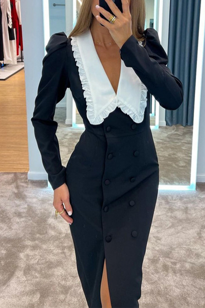 Celebrities Slit Contrast Peter Pan Collar One Step Skirt Dresses