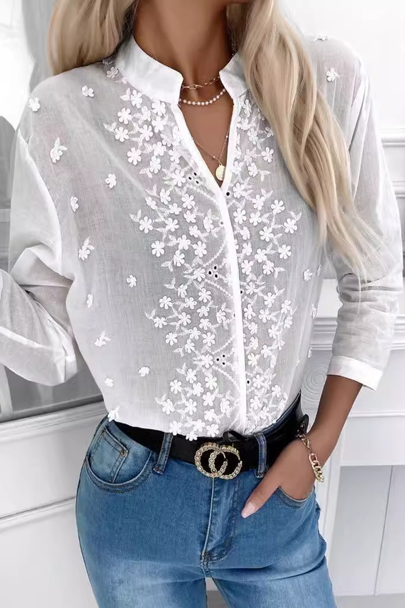 Daily Embroidered Hollow Out V Neck Blouses