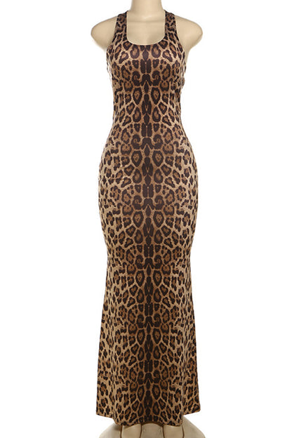 Leopard Print Patchwork Backless Halter Long Dresses
