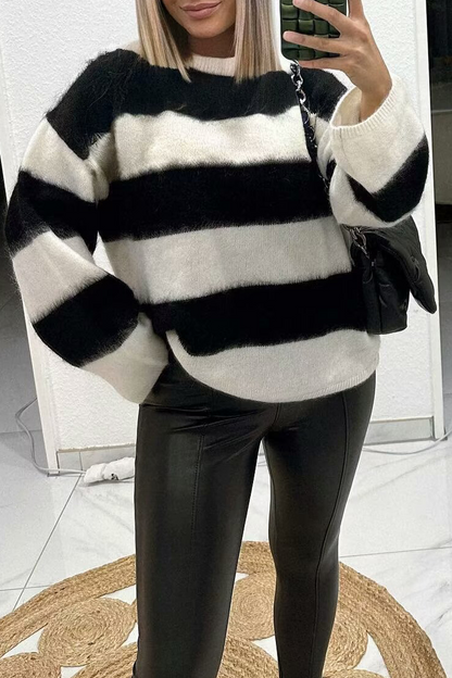 Stripe Fluffy Contrast O Neck Sweaters