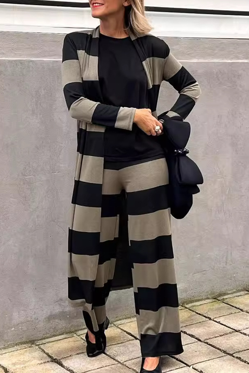 Street Stripe Patchwork Contrast Cardigan Collar Long Sleeve Two Pieces