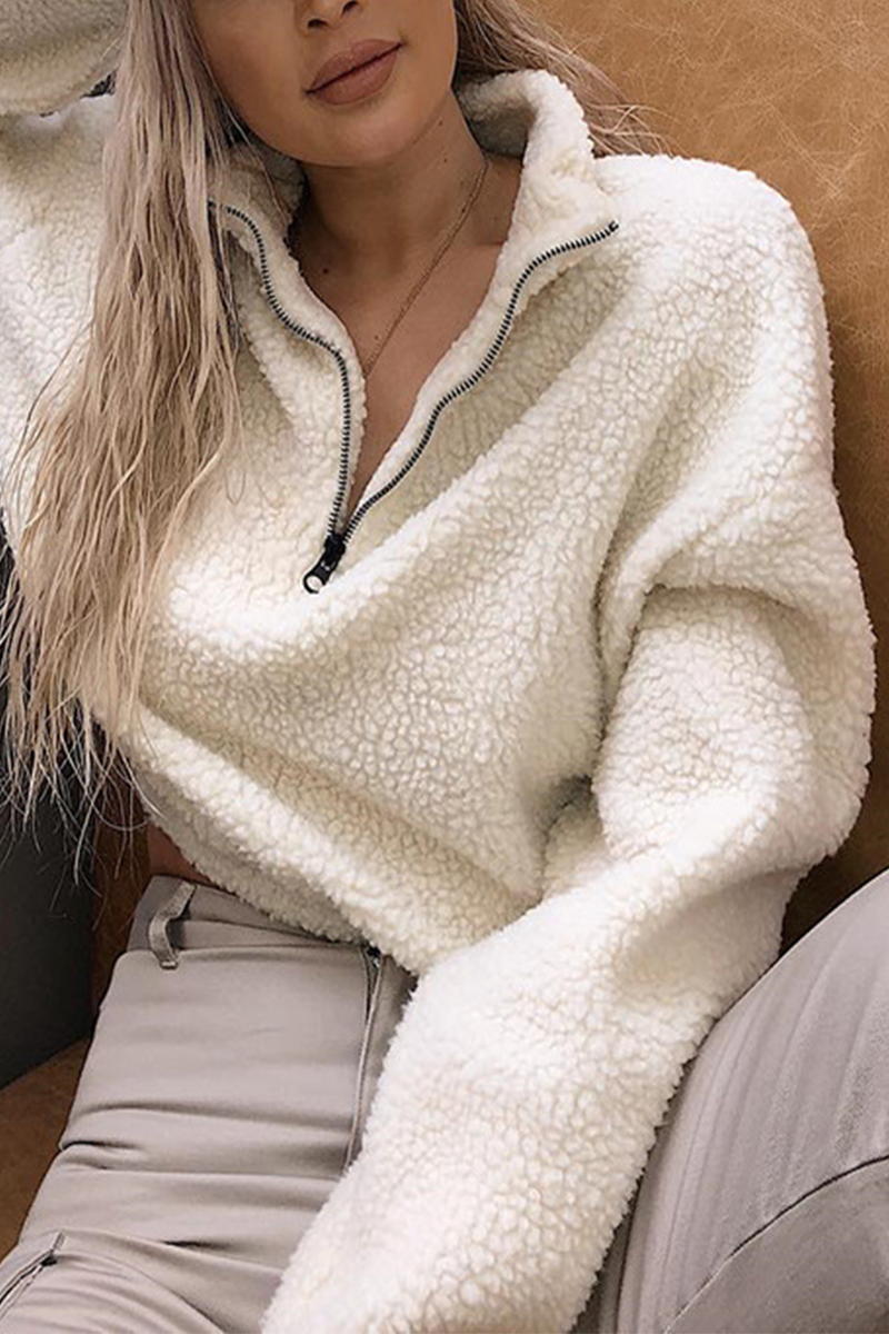 Zipper Fluffy Turndown Collar Hoodies