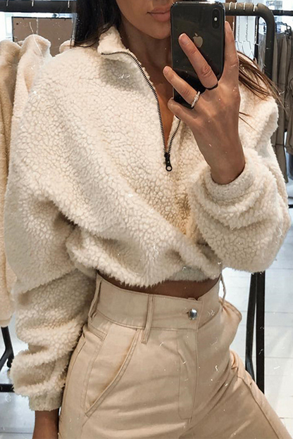 Zipper Fluffy Turndown Collar Hoodies
