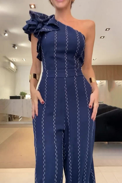 Stripe Irregular Stringy Selvedge Sloping Shoulder Loose Jumpsuits