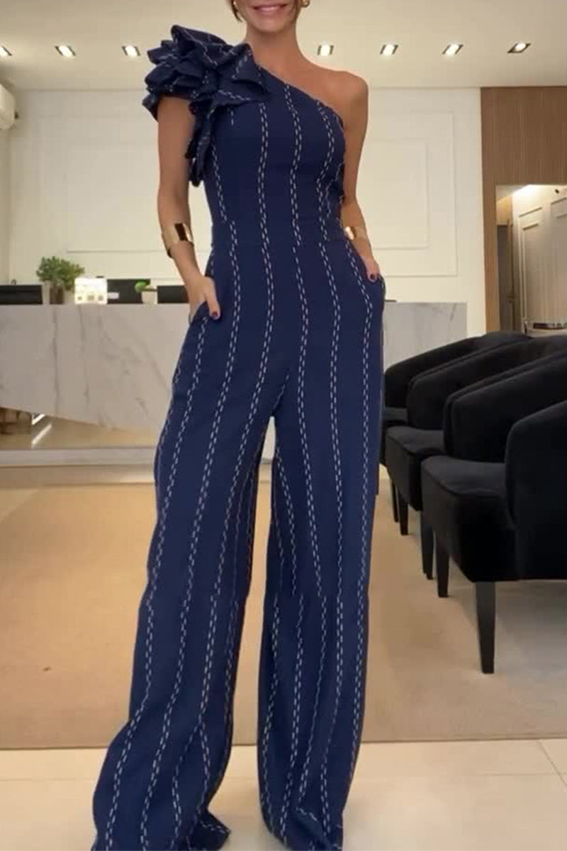 Stripe Irregular Stringy Selvedge Sloping Shoulder Loose Jumpsuits