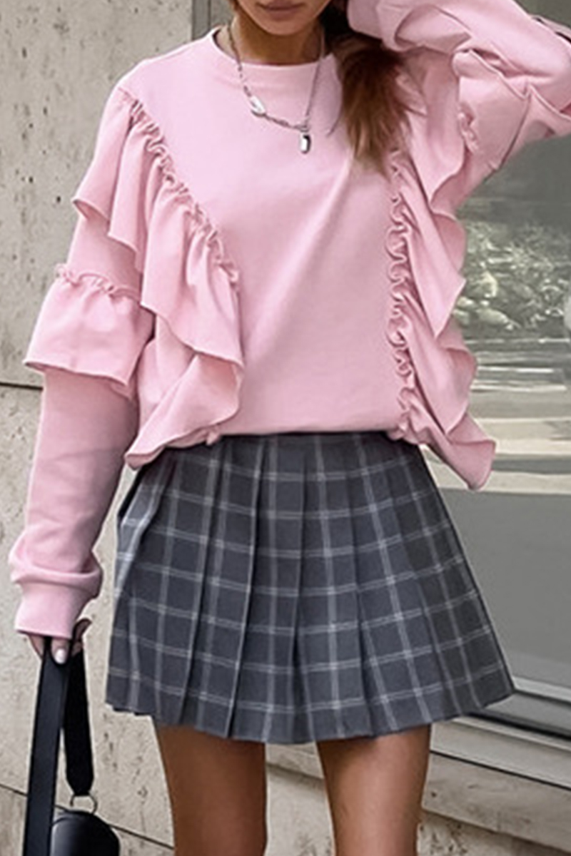 Color Ruffle O Neck Hoodies