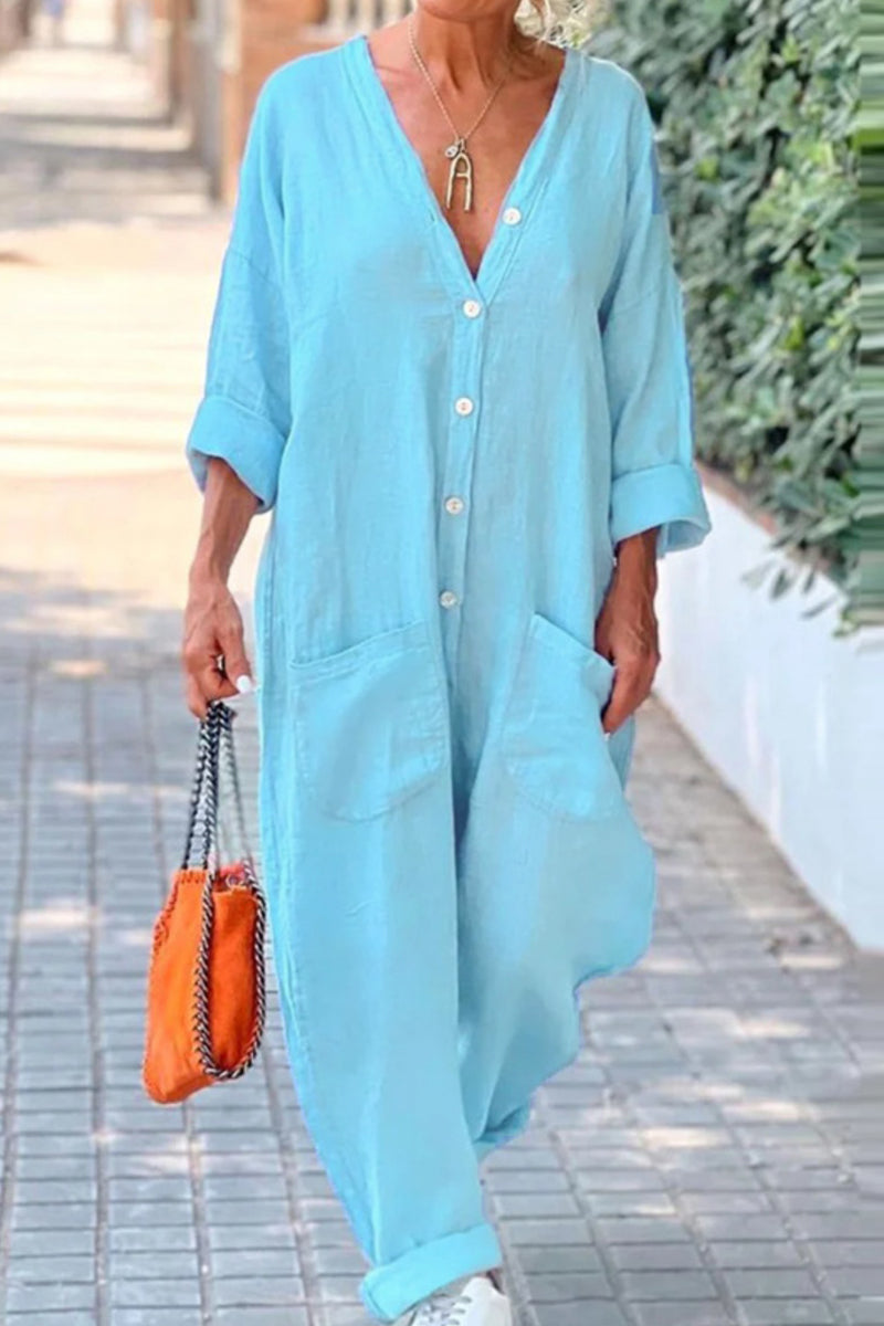 Color Pocket Buttons V Neck Regular Jumpsuits