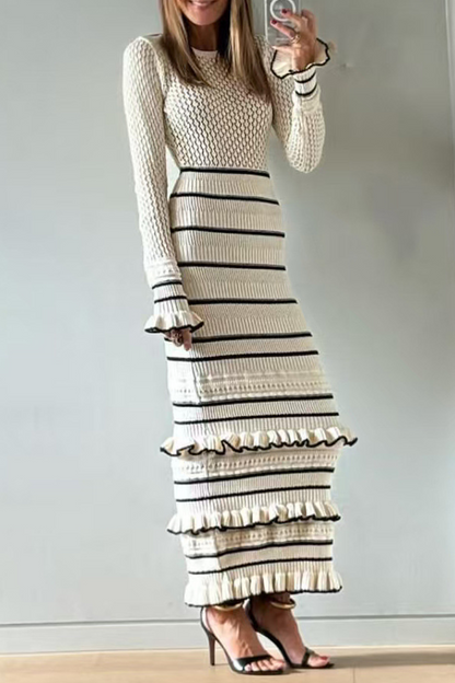 Stripe Ruffle Weave Contrast O Neck Wrapped Skirt Dresses