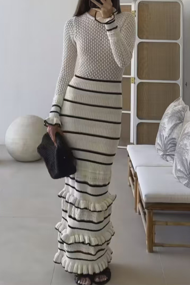 Stripe Ruffle Weave Contrast O Neck Wrapped Skirt Dresses