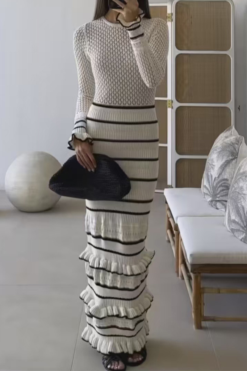 Stripe Ruffle Weave Contrast O Neck Wrapped Skirt Dresses