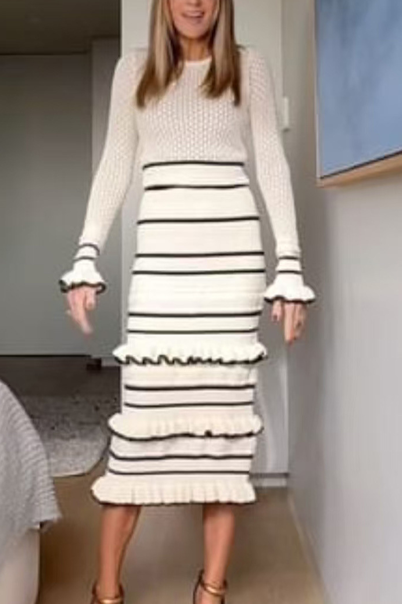Stripe Ruffle Weave Contrast O Neck Wrapped Skirt Dresses