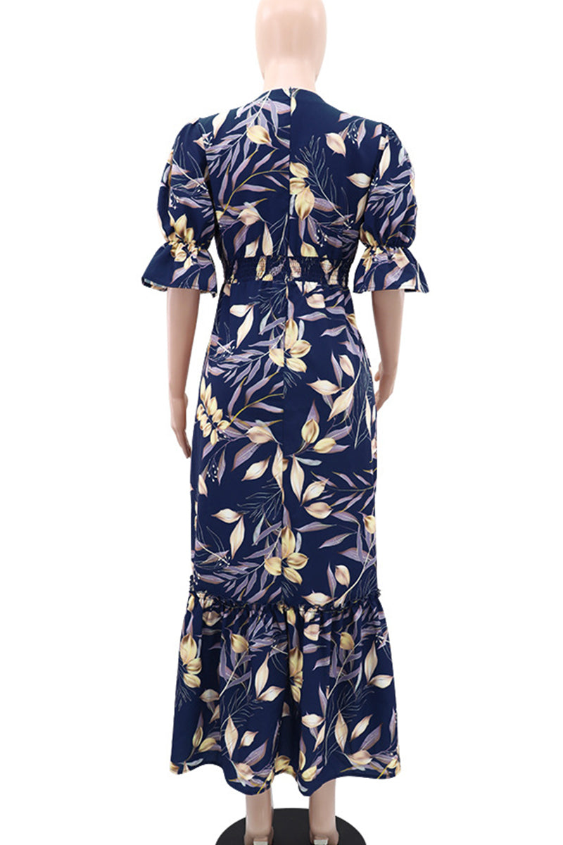 Print Patchwork Slit V Neck Long Dresses