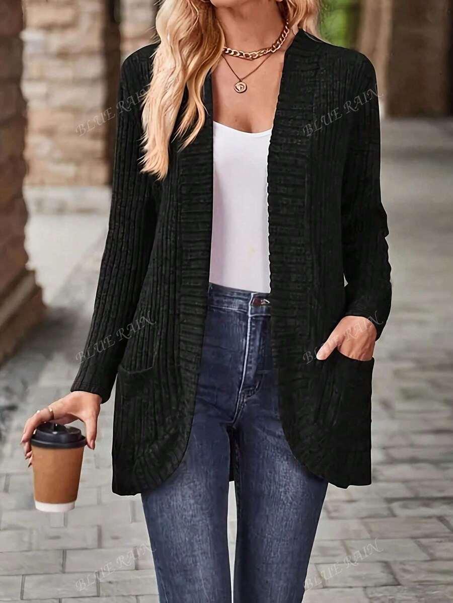 Color Knit Cardigan With Pockets Soft Cozy