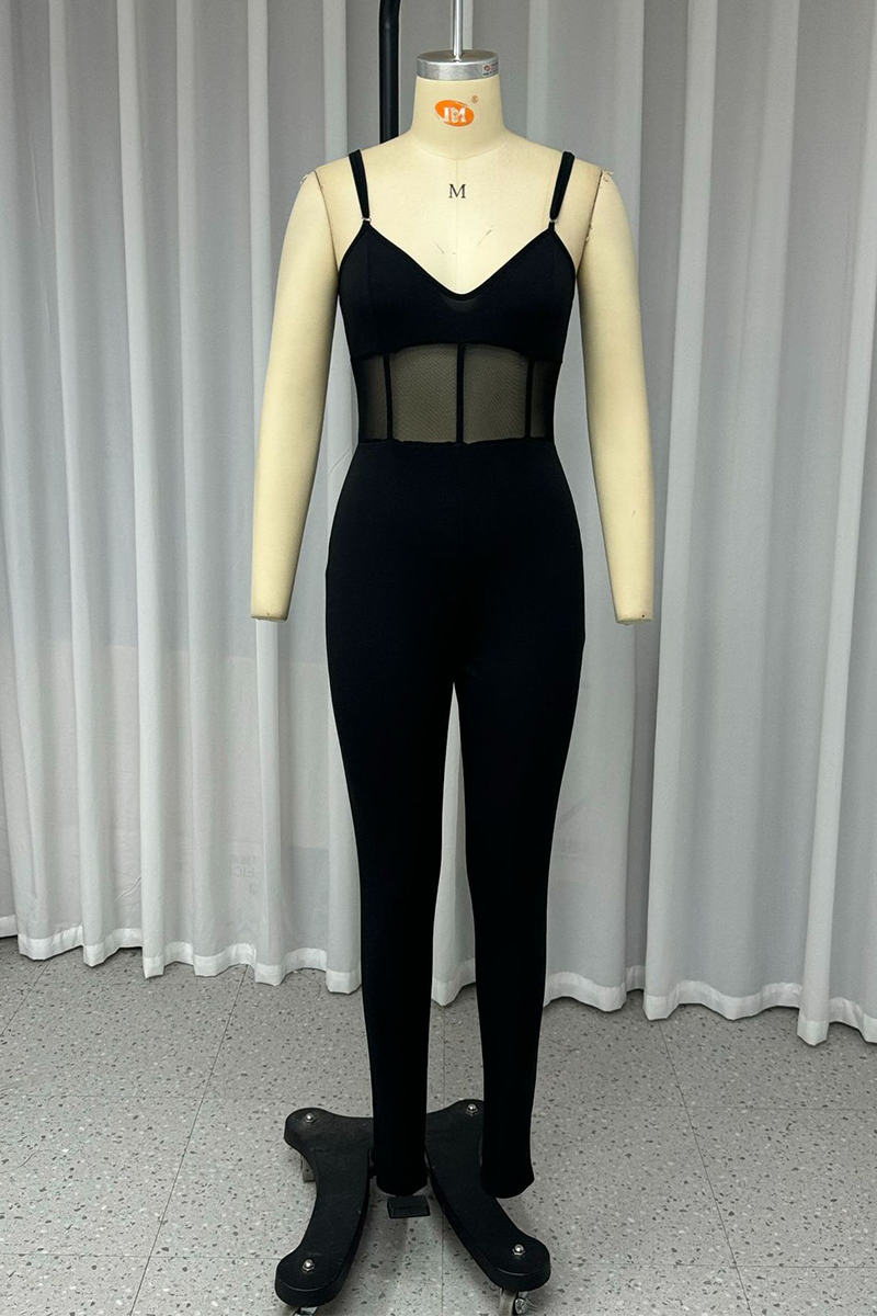 Color Mesh V Neck Skinny Jumpsuits