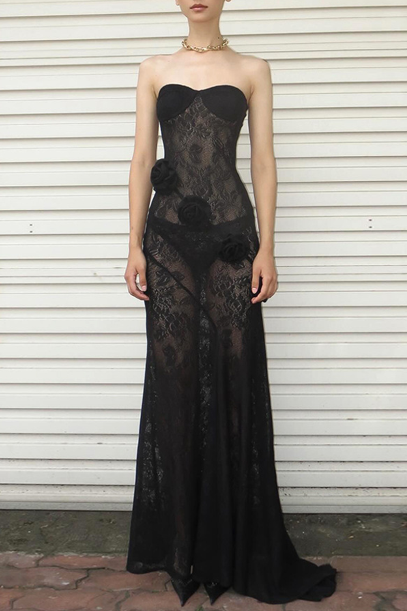 Lace Flower Shape Strapless Long Dresses