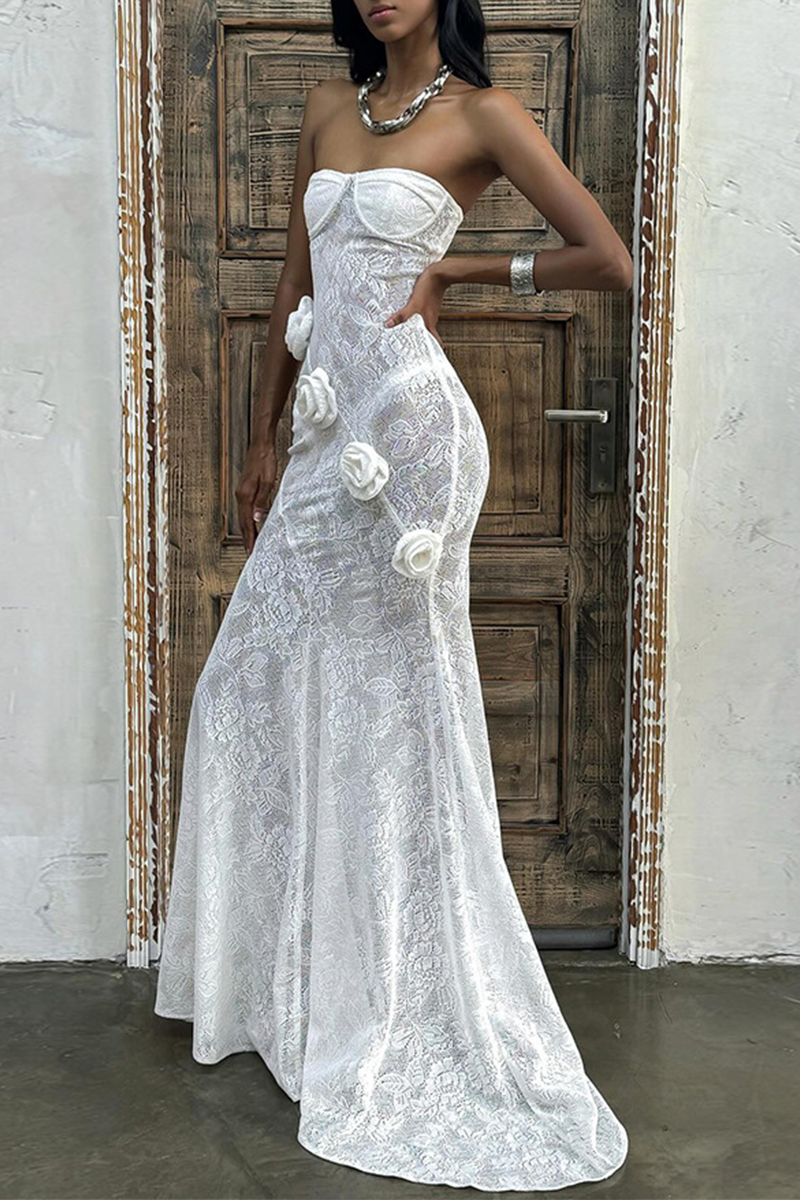 Lace Flower Shape Strapless Long Dresses