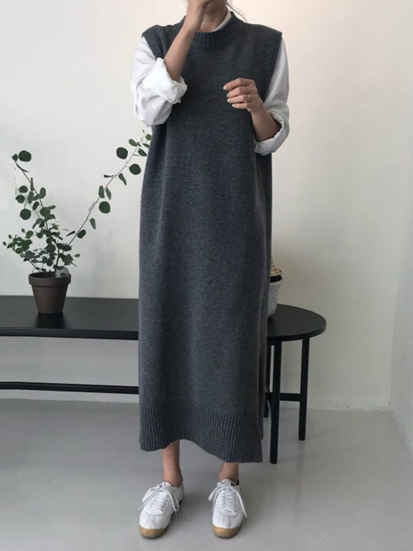 Urban Loose Sleeveless Color Round-neck Midi Dresses Sweater Dresses