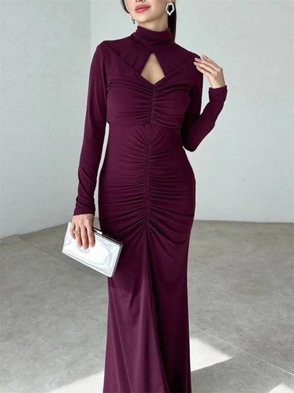 Autumn Pleated Hollow Out Maxi Dress ’s Slim High Waist Backless Party Dress Female Long Dress