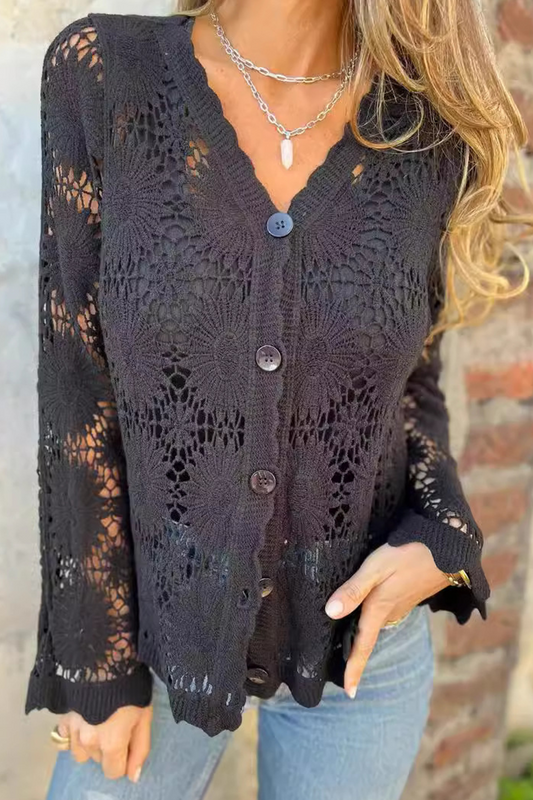 Lace Hollow Out Buttons V Neck Blouses(3 Colors)